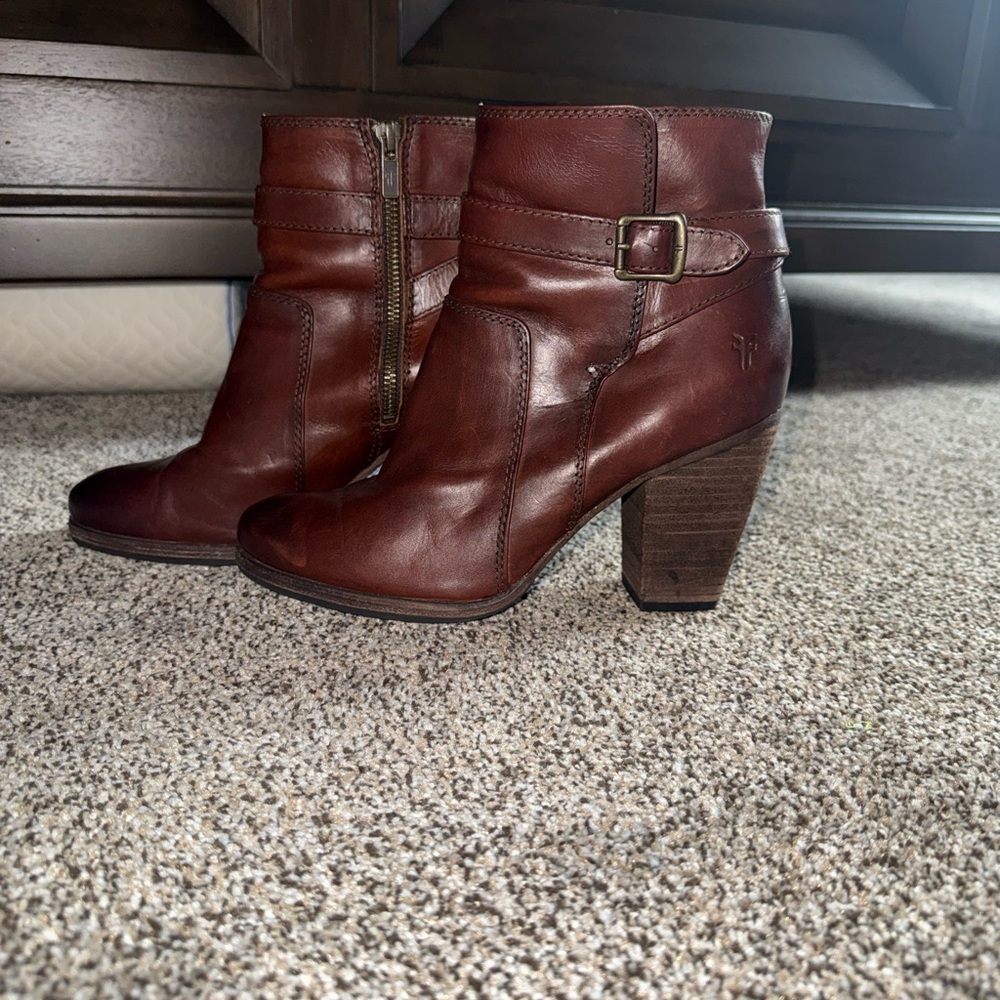 Frye Chestnut Leather Ankle Boots with Buckle
